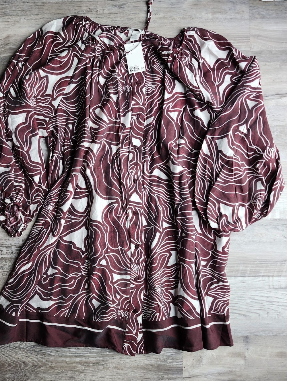 Boho Tie Waist Dress L NWT Burgundy Cream Flowy Long Sleeve Midi